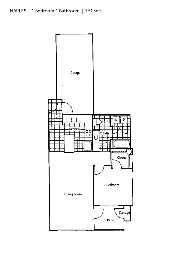 Floor plan for 1 bed, 1 bath, 761 sqft
